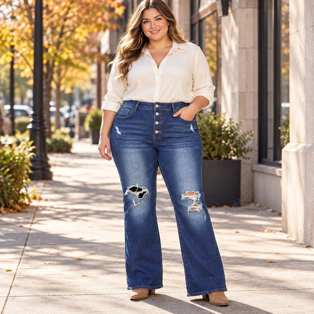 SHEIN Curve 3XL Dark Wash Distressed High Waisted Flare Jeans Button Fly Denim